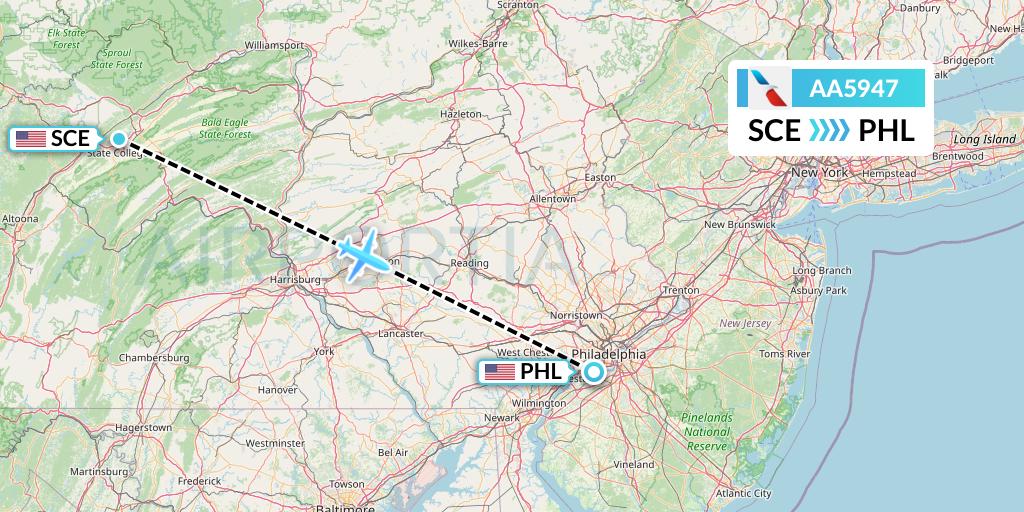 AA5947 American Airlines Flight Map: State College to Philadelphia