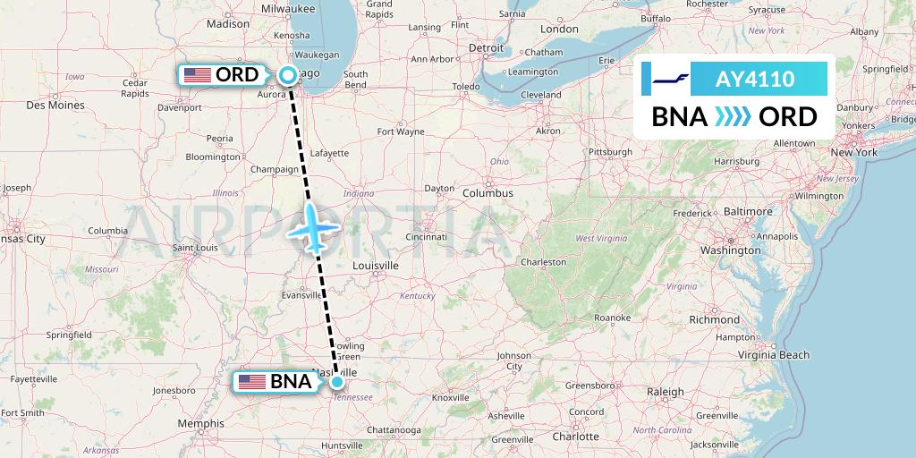 AY4110 Finnair Flight Map: Nashville to Chicago