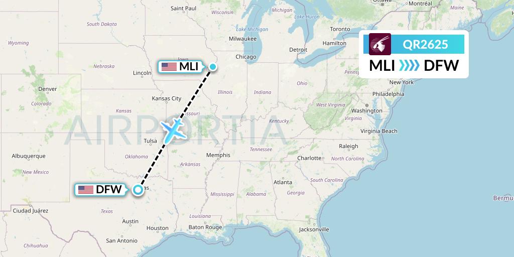 QR2625 Qatar Airways Flight Map: Moline to Dallas