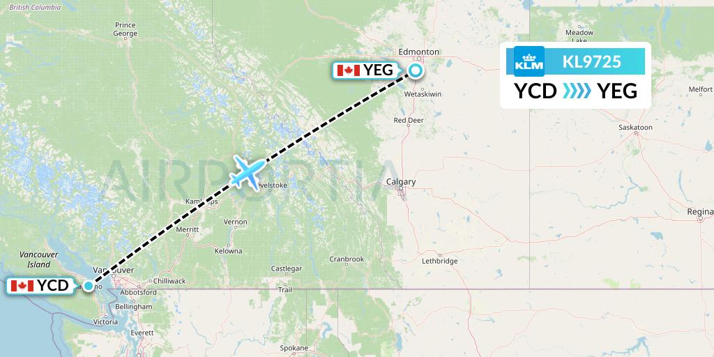 KL9725 KLM Flight Map: Nanaimo to Edmonton