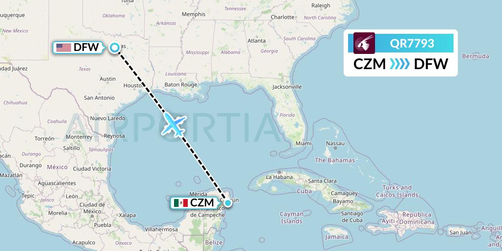 QR7793 Qatar Airways Flight Map: Cozumel to Dallas