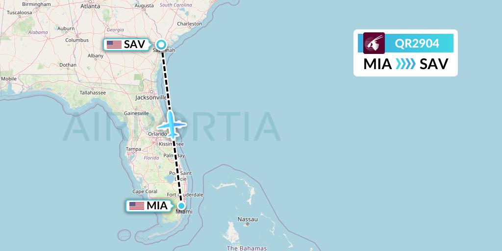 QR2904 Qatar Airways Flight Map: Miami to Savannah