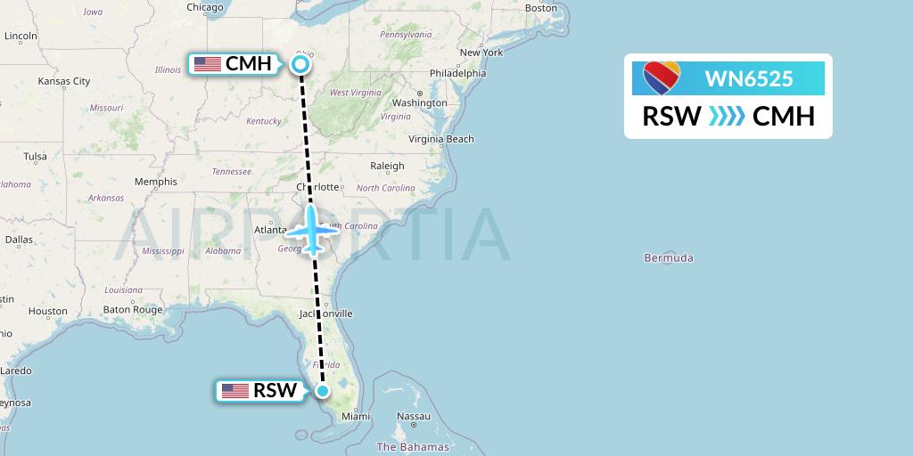 WN6525 Southwest Airlines Flight Map: Fort Myers to Columbus