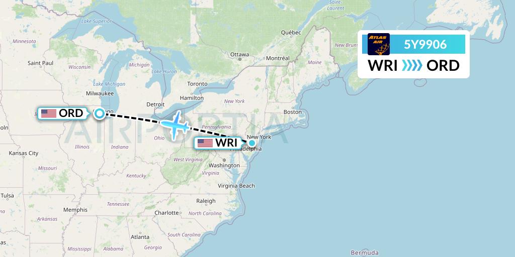 5Y9906 Atlas Air Flight Map: Wrightstown to Chicago