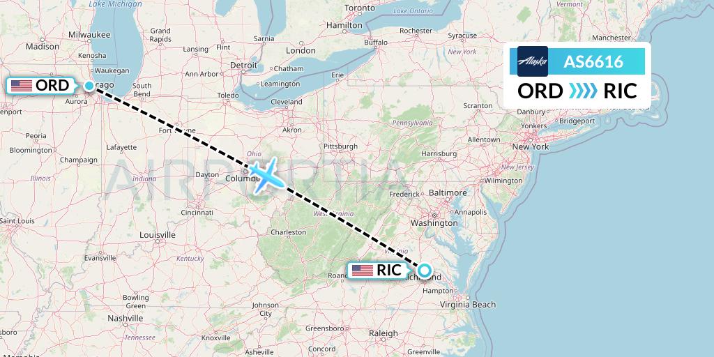 AS6616 Alaska Airlines Flight Map: Chicago to Richmond
