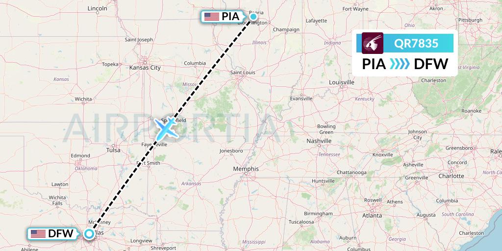 QR7835 Qatar Airways Flight Map: Peoria to Dallas