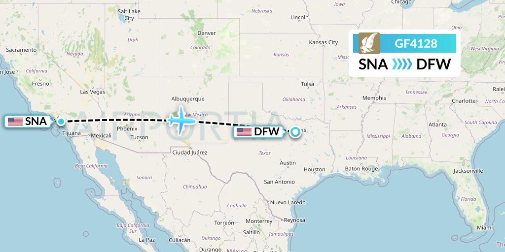 GF4128 Gulf Air Flight Map: Orange County to Dallas