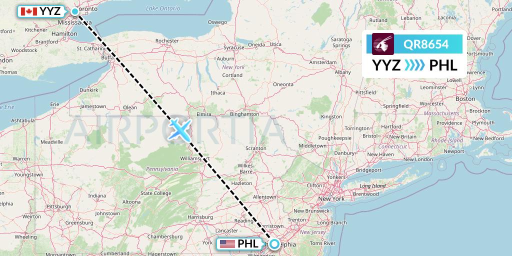 QR8654 Qatar Airways Flight Map: Toronto to Philadelphia