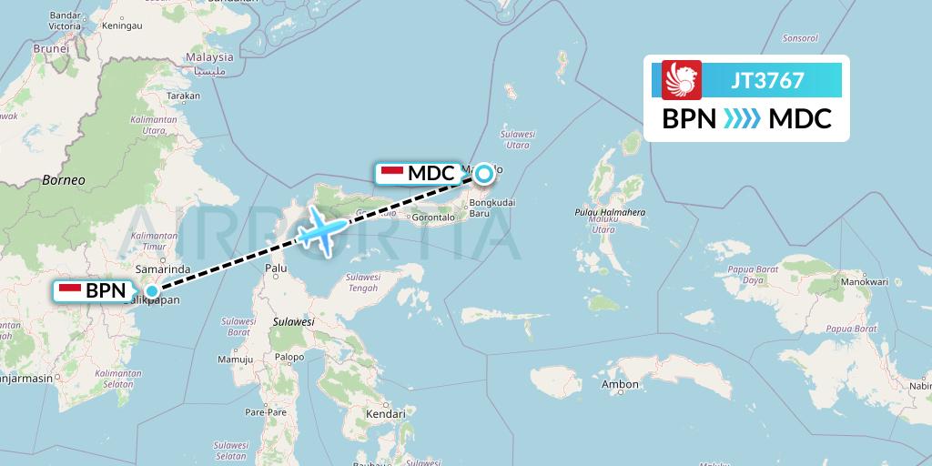 JT3767 Lion Airlines Flight Map: Balikpapan to Manado