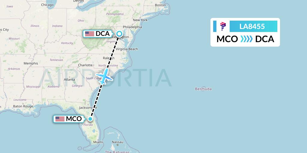 LA8455 LAN Airlines Flight Map: Orlando to Washington