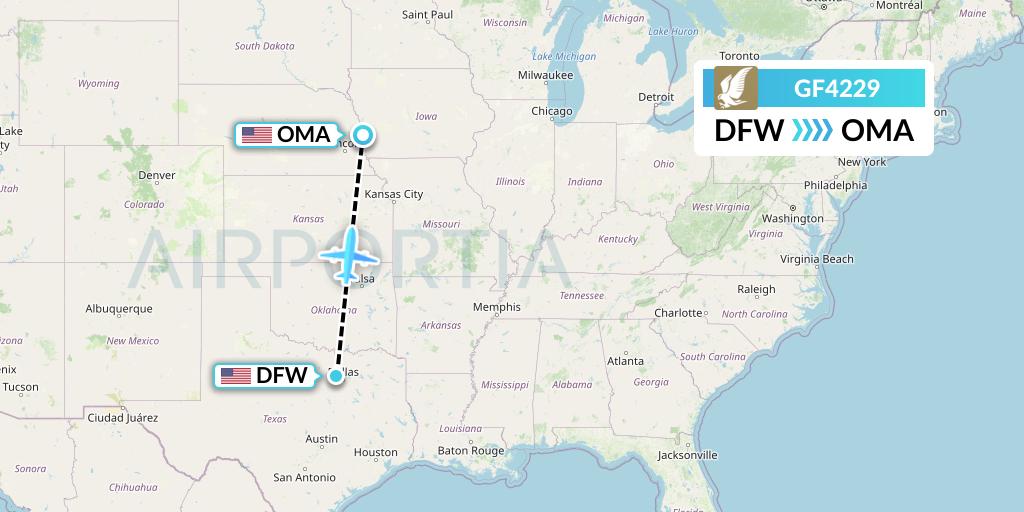 GF4229 Gulf Air Flight Map: Dallas to Omaha