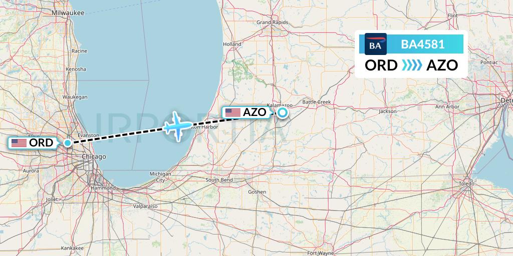 BA4581 British Airways Flight Map: Chicago to Kalamazoo