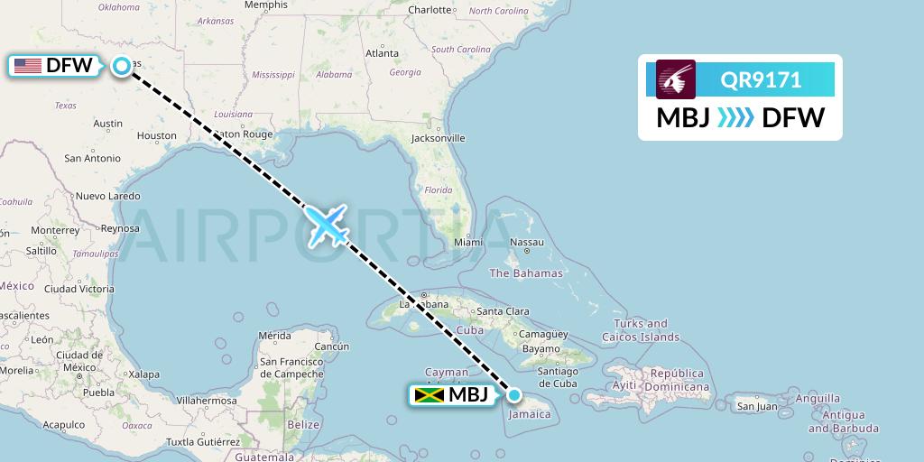 QR9171 Qatar Airways Flight Map: Montego Bay to Dallas
