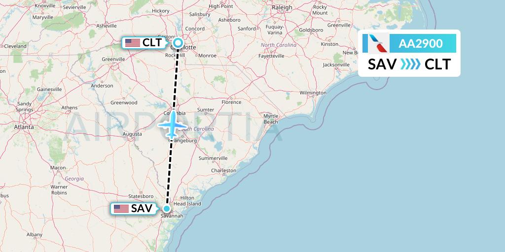 AA2900 American Airlines Flight Map: Savannah to Charlotte