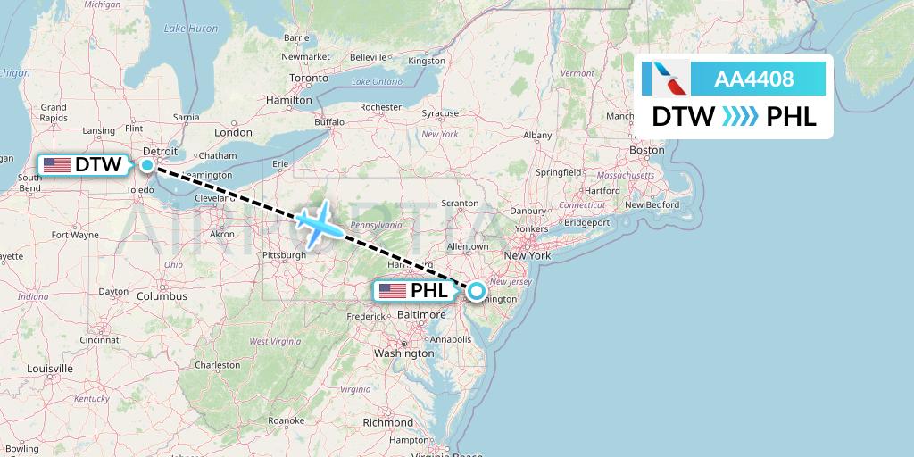 AA4408 American Airlines Flight Map: Detroit to Philadelphia