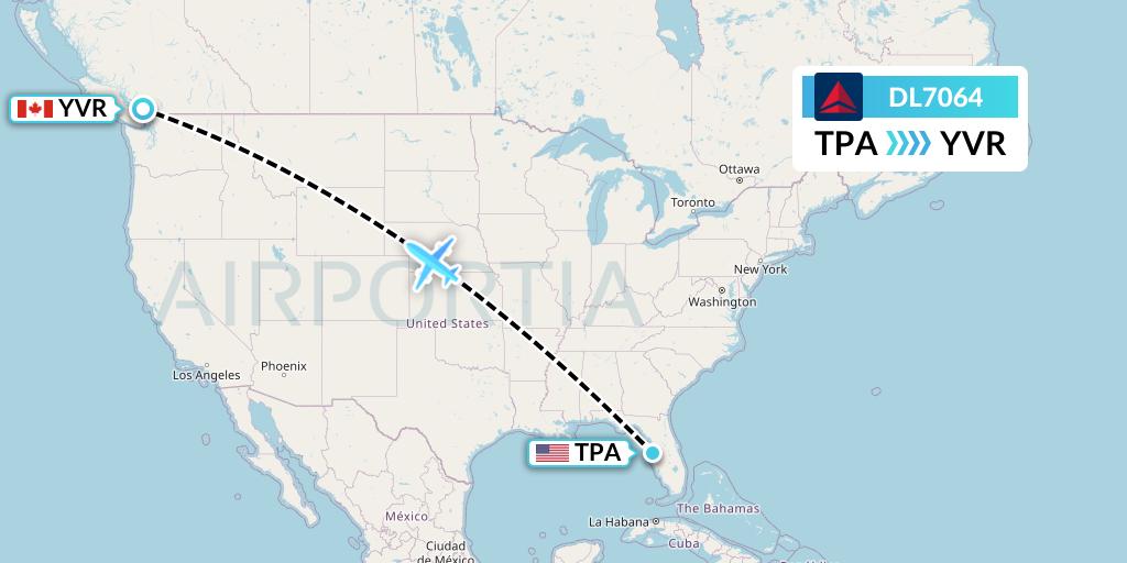 DL7064 Delta Air Lines Flight Map: Tampa to Vancouver