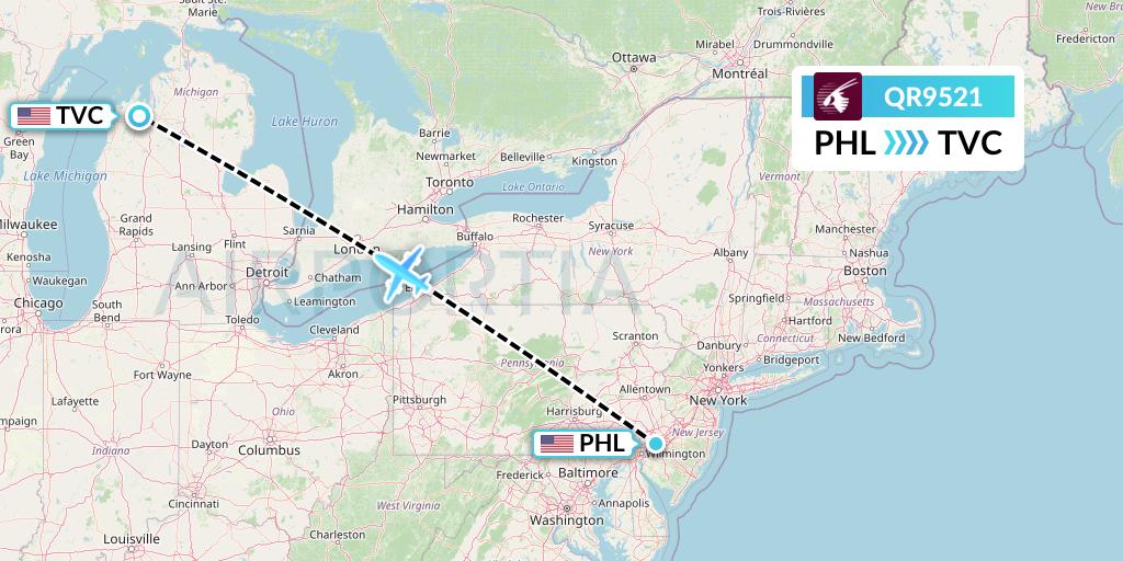 QR9521 Qatar Airways Flight Map: Philadelphia to Traverse City