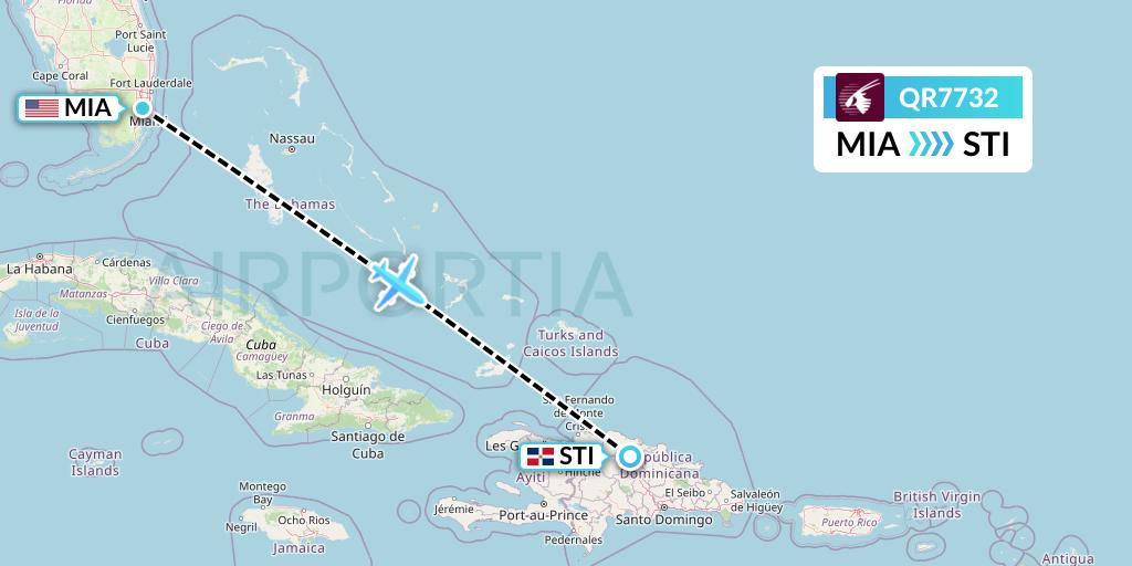 QR7732 Qatar Airways Flight Map: Miami to Santiago de los Caballeros