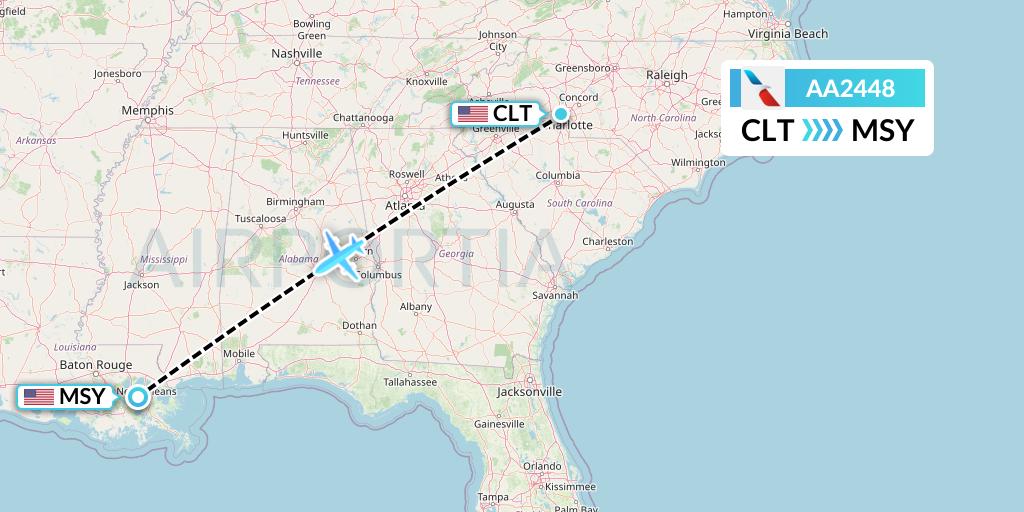 AA2448 American Airlines Flight Map: Charlotte to New Orleans