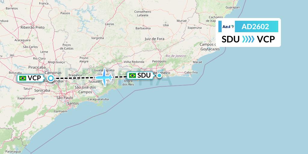 AD2602 Azul Brazilian Airlines Flight Map: Rio de Janeiro to Campinas
