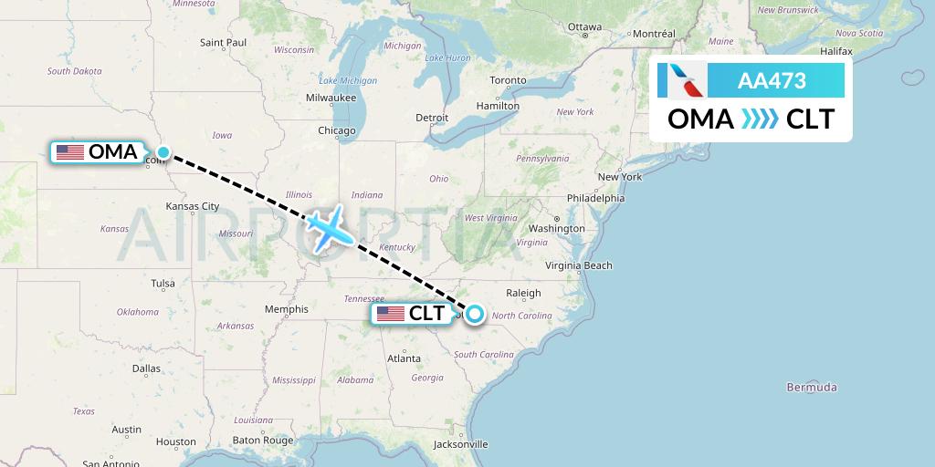 AA473 American Airlines Flight Map: Omaha to Charlotte