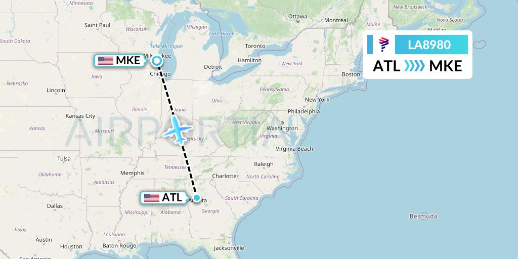 LA8980 LAN Airlines Flight Map: Atlanta to Milwaukee