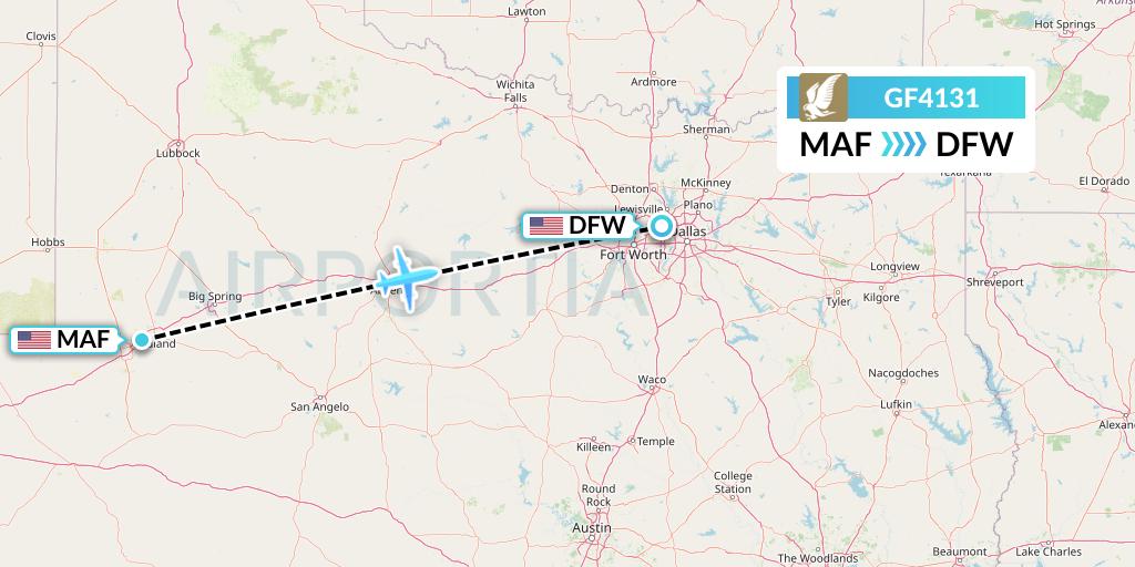GF4131 Gulf Air Flight Map: Midland to Dallas