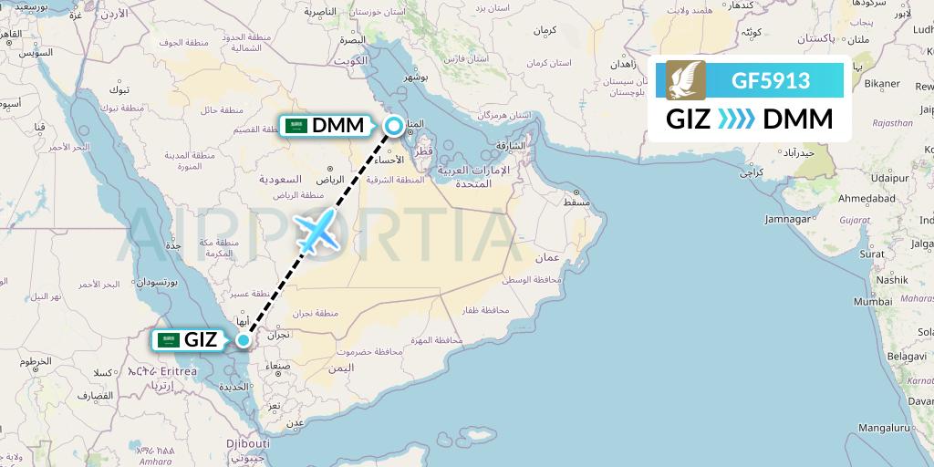 GF5913 Gulf Air Flight Map: Jizan to Dammam
