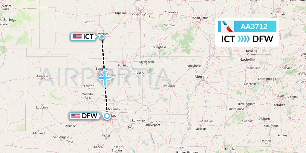 AA3712 American Airlines Flight Map: Wichita to Dallas