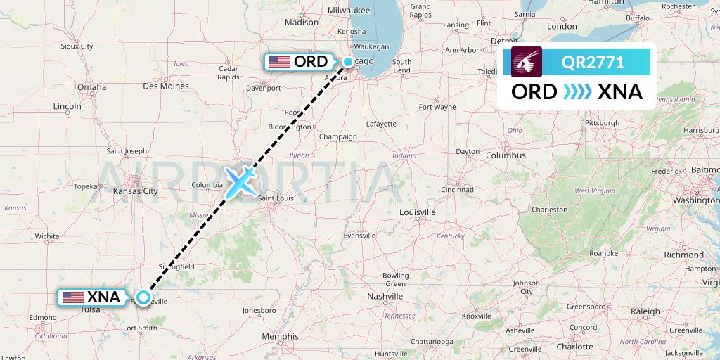 QR2771 Qatar Airways Flight Map: Chicago to Bentonville