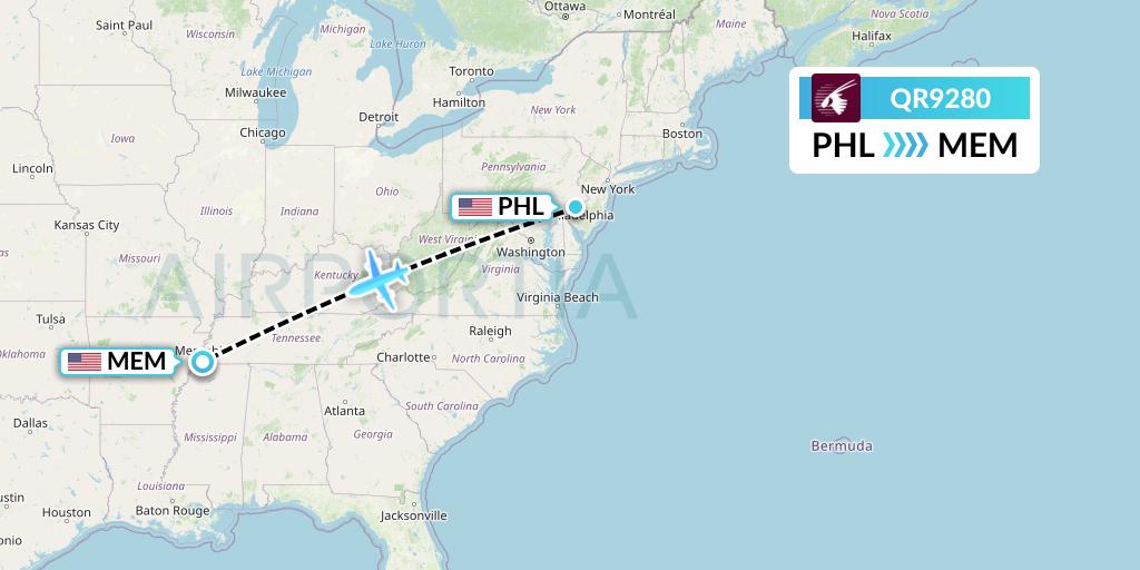 QR9280 Qatar Airways Flight Map: Philadelphia to Memphis