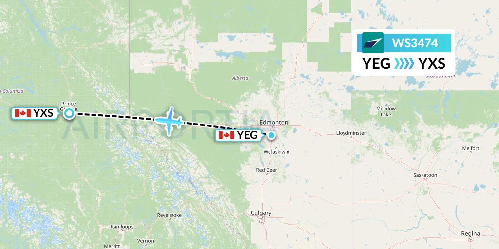 WS3474 WestJet Flight Map: Edmonton to Prince George