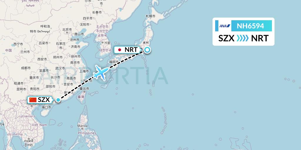 NH6594 All Nippon Airways Flight Map: Shenzhen to Tokyo