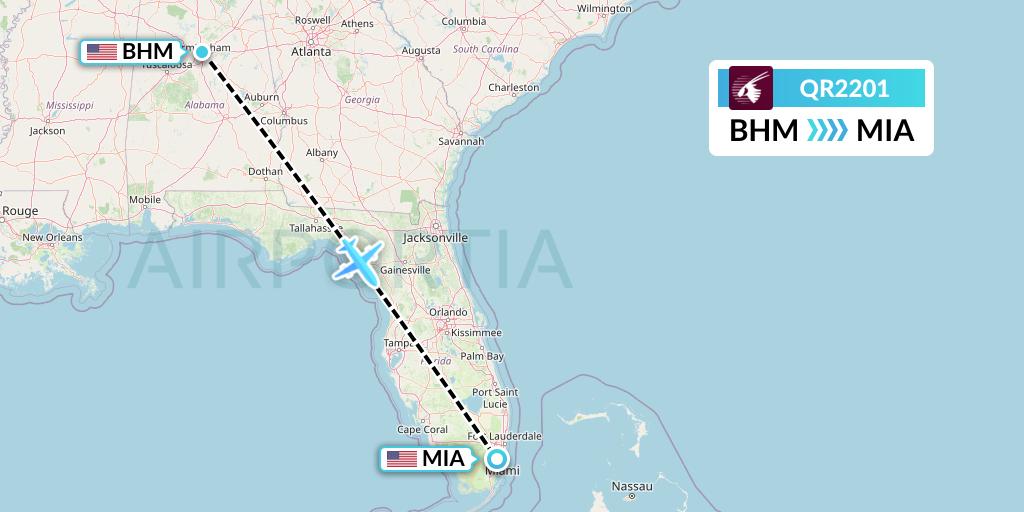 QR2201 Qatar Airways Flight Map: Birmingham to Miami