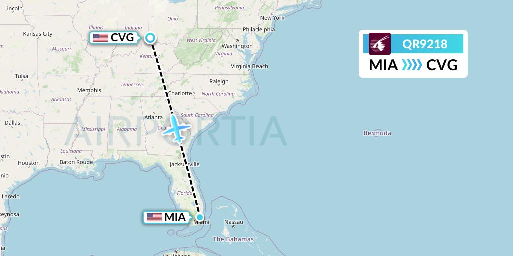 QR9218 Qatar Airways Flight Map: Miami to Cincinnati