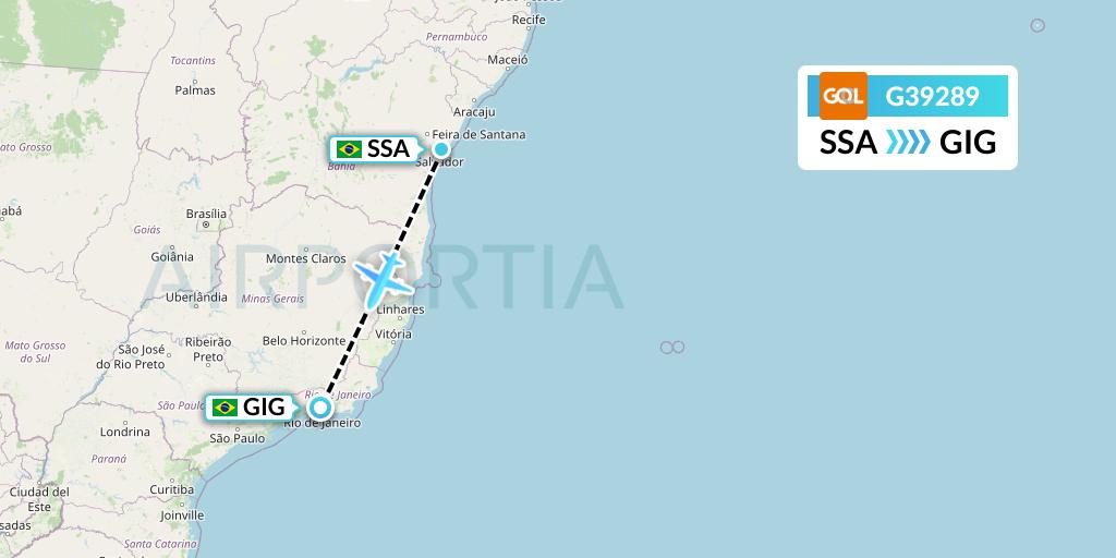 G39289 GOL Transportes Aeros Flight Map: Salvador to Rio de Janeiro