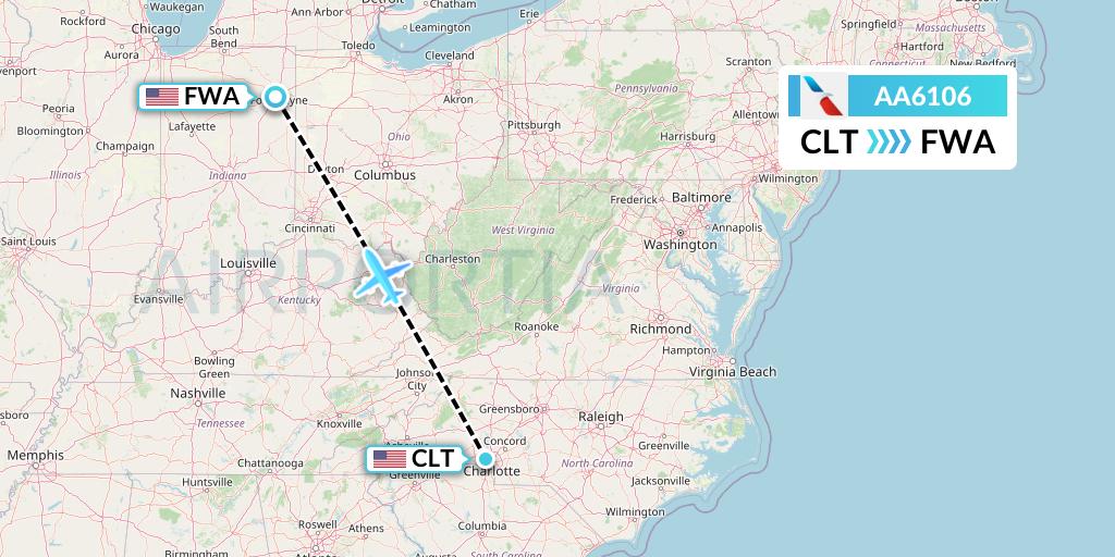 AA6106 American Airlines Flight Map: Charlotte to Fort Wayne