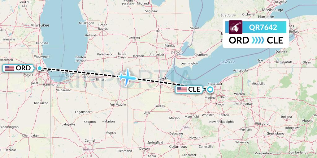 QR7642 Qatar Airways Flight Map: Chicago to Cleveland