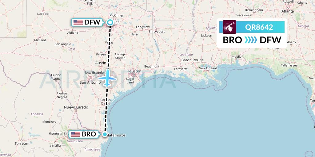 QR8642 Qatar Airways Flight Map: Brownsville to Dallas