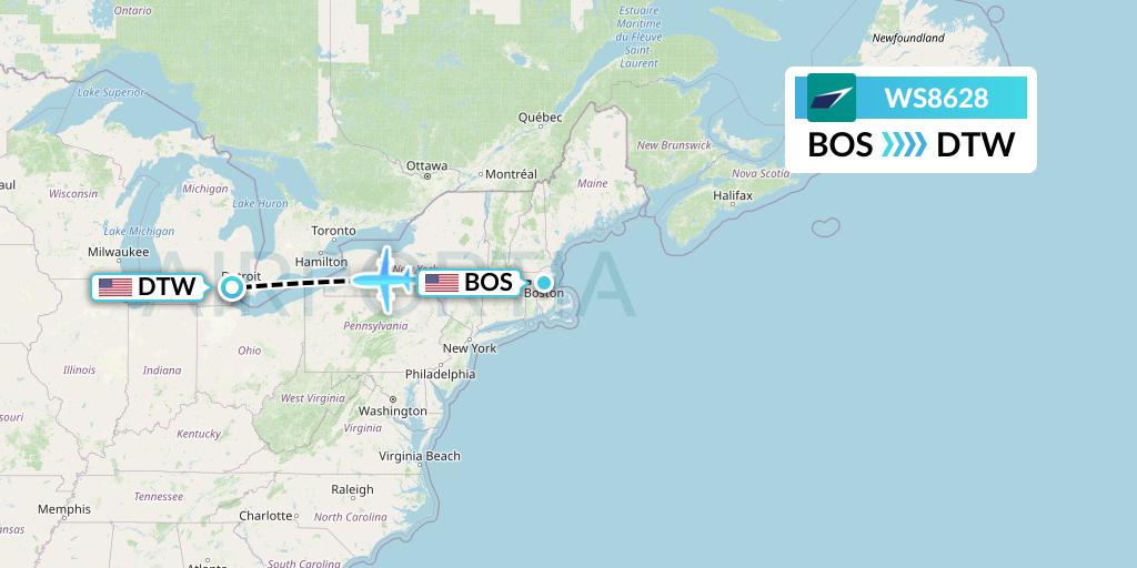 WS8628 WestJet Flight Map: Boston to Detroit