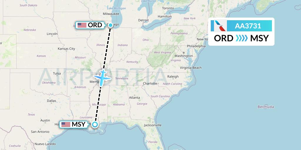 AA3731 American Airlines Flight Map: Chicago to New Orleans