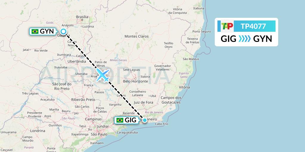 TP4077 TAP Portugal Flight Map: Rio de Janeiro to Goiania