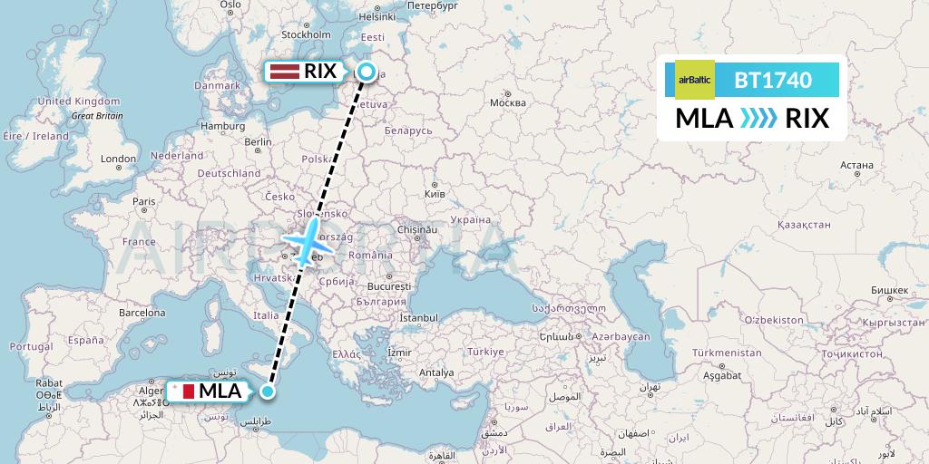 BT1740 Air Baltic Flight Map: Malta to Riga