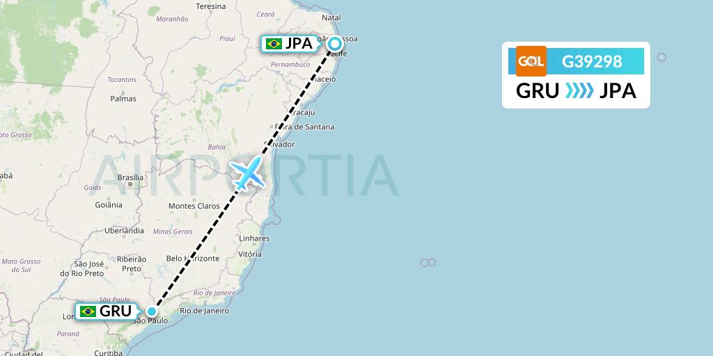 G39298 GOL Transportes Aeros Flight Map: Sao Paulo to Joao Pessoa
