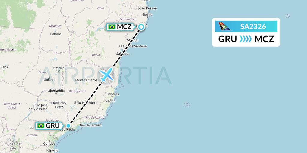 SA2326 South African Airways Flight Map: Sao Paulo to Maceio