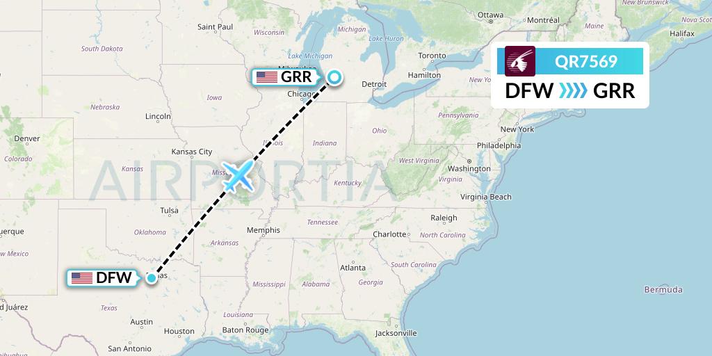 QR7569 Qatar Airways Flight Map: Dallas to Grand Rapids
