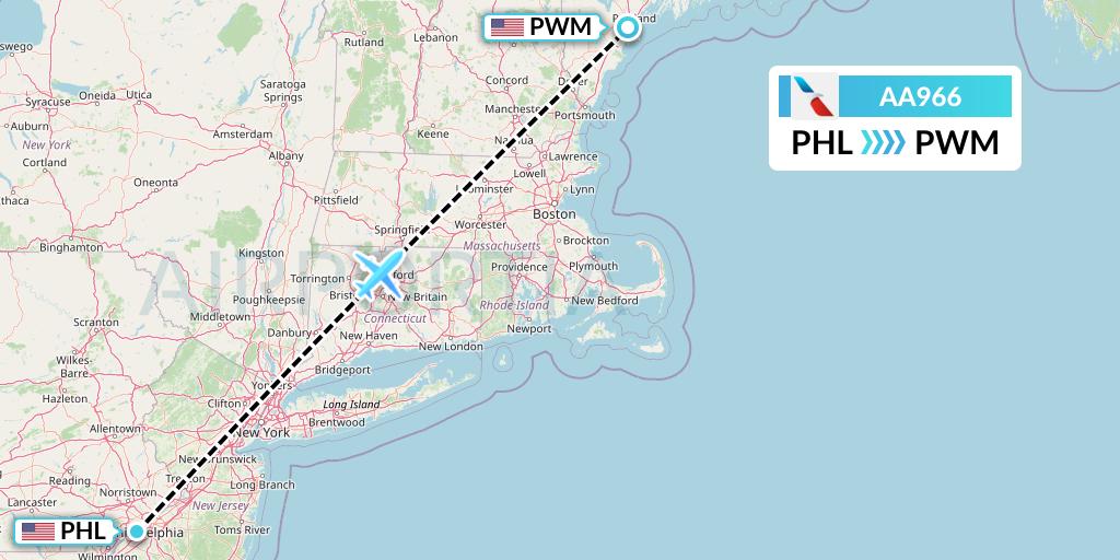 AA966 American Airlines Flight Map: Philadelphia to Portland