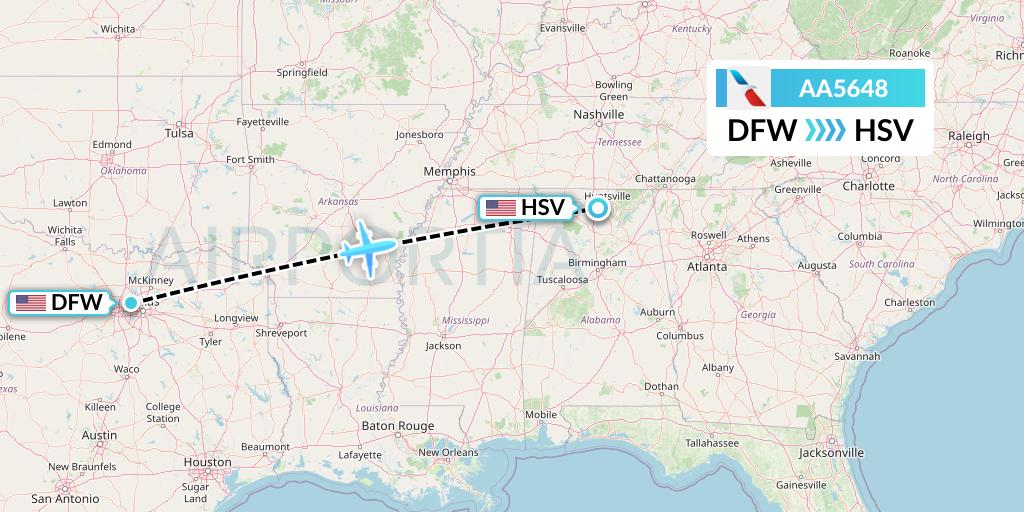 AA5648 American Airlines Flight Map: Dallas to Huntsville
