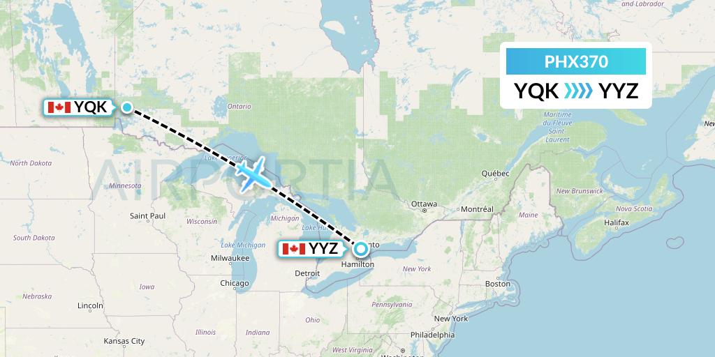 PHX370 SkyCare Flight Map: Kenora to Toronto