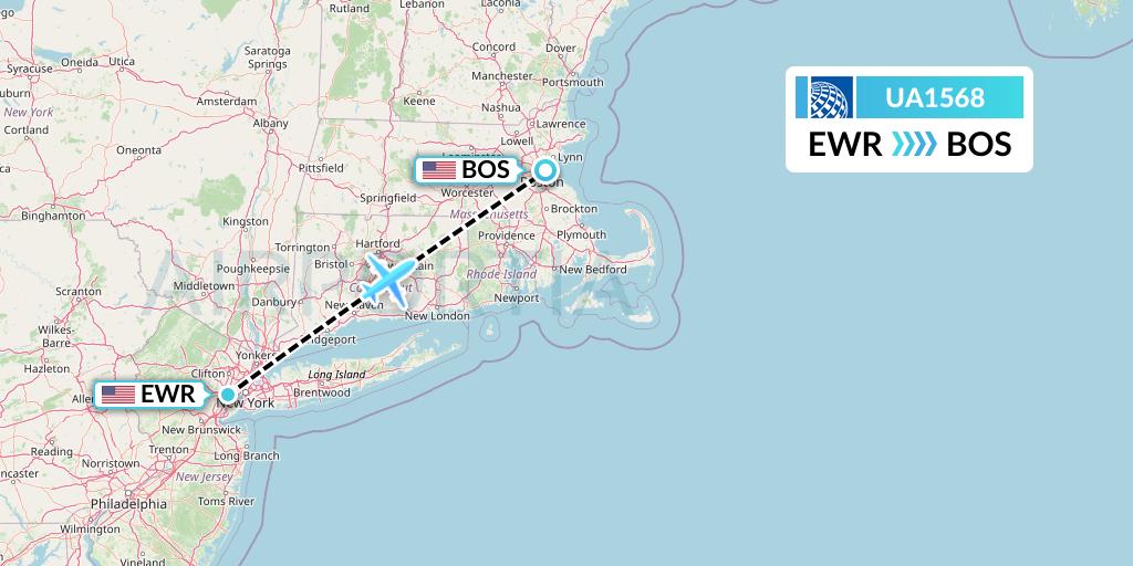 UA1568 United Airlines Flight Map: New York to Boston